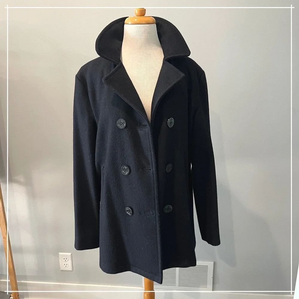 Woolrich‎ size 10 Womens Black Pea Coat Vintage 60s Wool Fisherman Made in USA